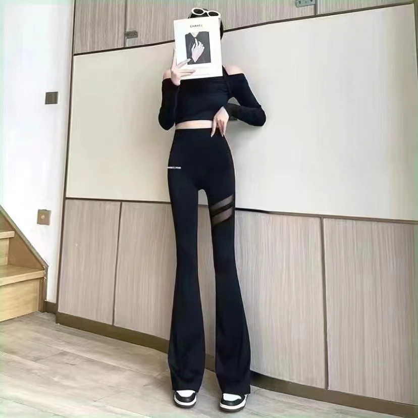 2024新款网纱微喇叭裤口袋鲨鱼裤收腹显瘦修身微喇裤高腰黑色