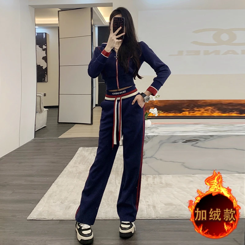 加绒运动套装女秋冬新款气质时尚小个子显高休闲卫衣阔腿裤两件套