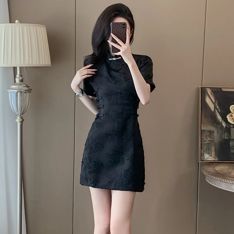 2024新款夏季新中式国风旗袍连衣裙女气质小个子收腰盘扣黑色裙子