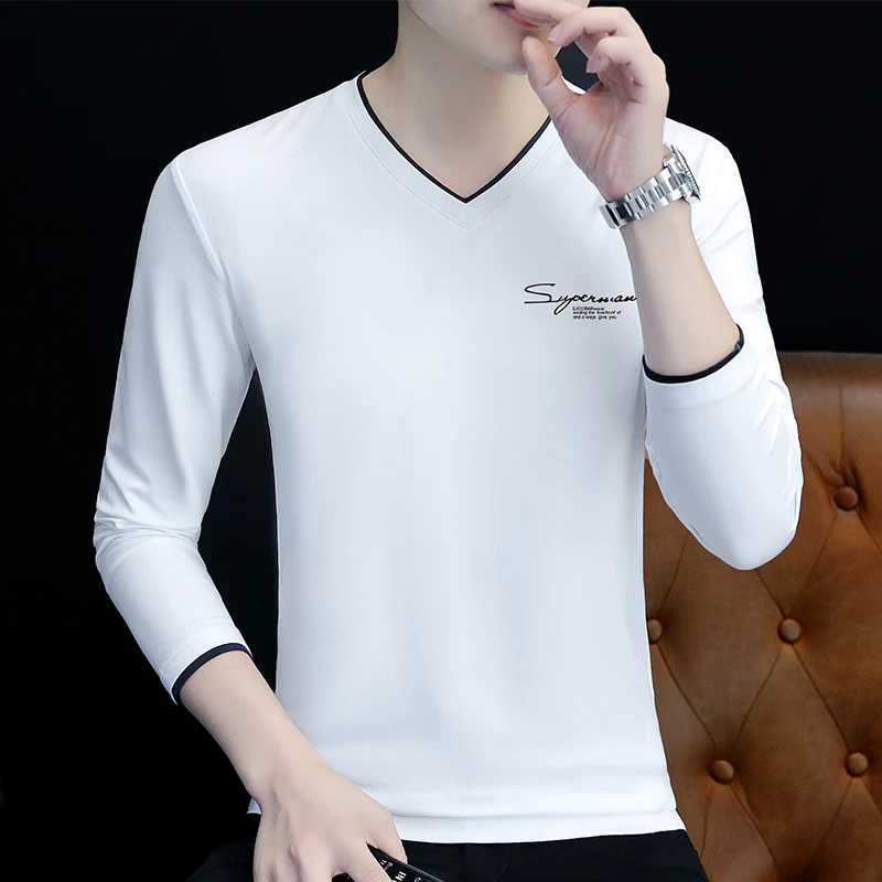 V领长袖T恤男士春秋季领口拼接全袖白色上衣微修身百搭潮流弹力棉