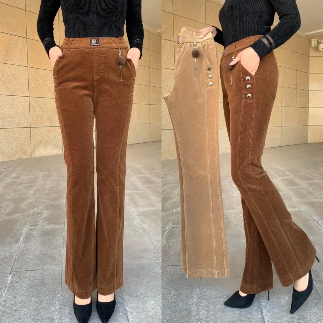 灯芯绒微喇裤女2024秋冬新款高腰休闲时尚拼接显瘦三扣条绒喇叭裤
