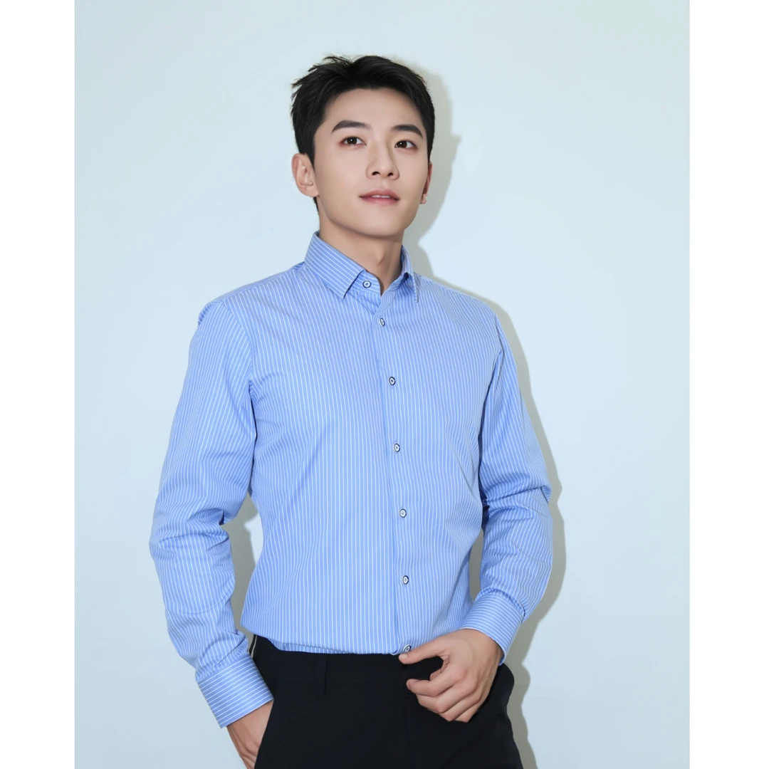 菲洛•卡蒂斯100支双股蓝白条纹商务长袖修身粗纹舒适丝光抗皱衬衫