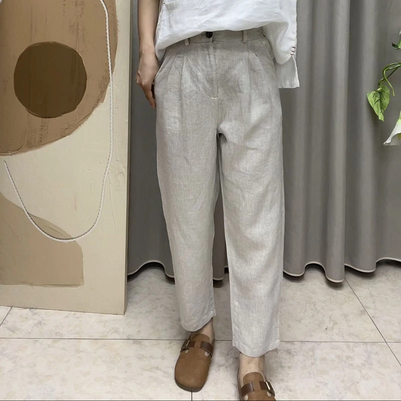 夏季亚麻半松紧腰休闲裤百搭简约高腰休闲裤