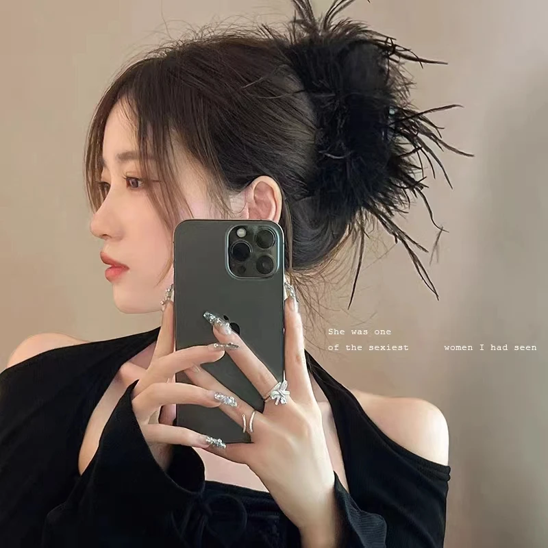 (新店福利品)简约毛大号羽毛抓夹新款后脑勺发夹鲨鱼夹子毛毛发卡