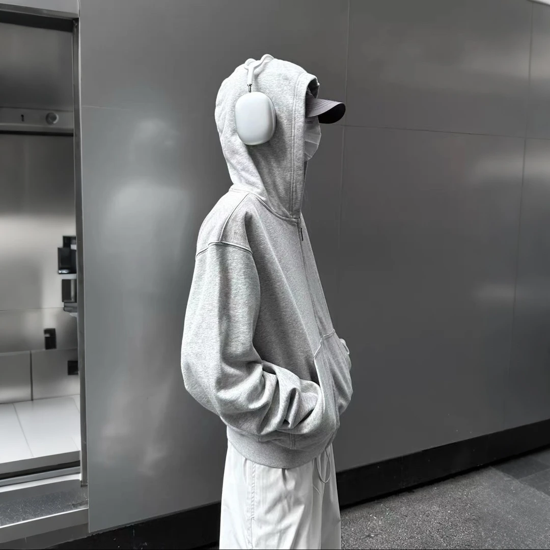 美式高街嘻哈复古廓形短款宽松纯色黑色花灰拉链男女外套连帽卫衣