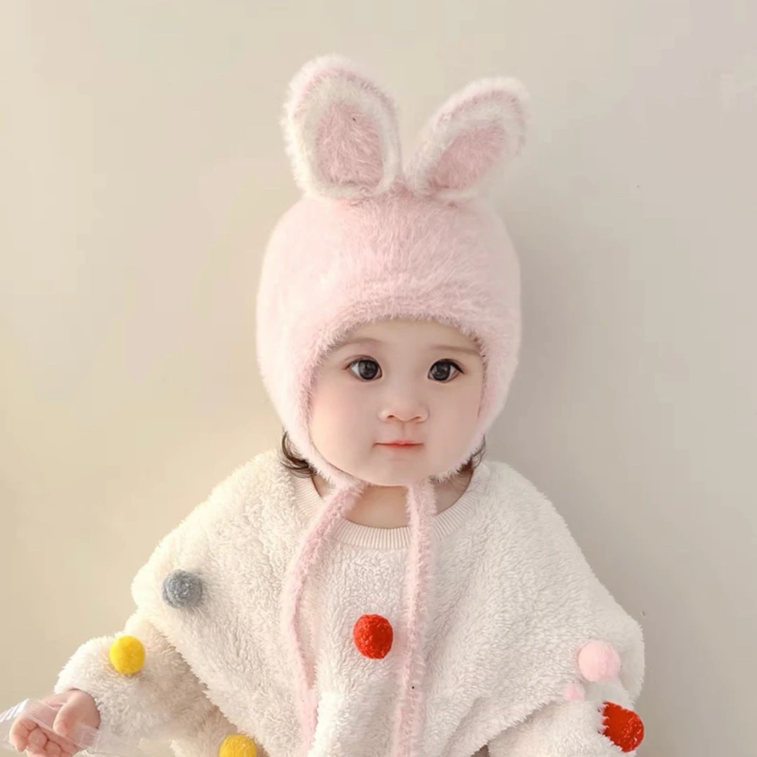 宝宝帽子秋冬款毛绒帽婴幼儿系绳包头婴儿帽女护耳可爱超萌套头帽