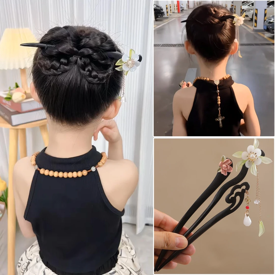 儿童玉兰花发簪女步摇流苏盘发簪子古风汉服女童新中式发钗头饰丶