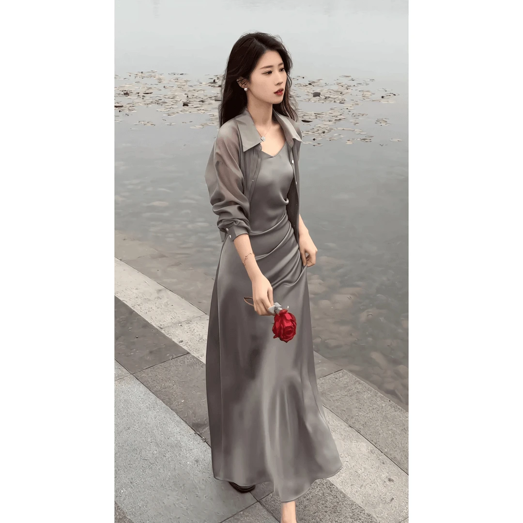 清凉！冰感！吊带V领连衣裙气质法式复古小众收腰防晒上衣两件套