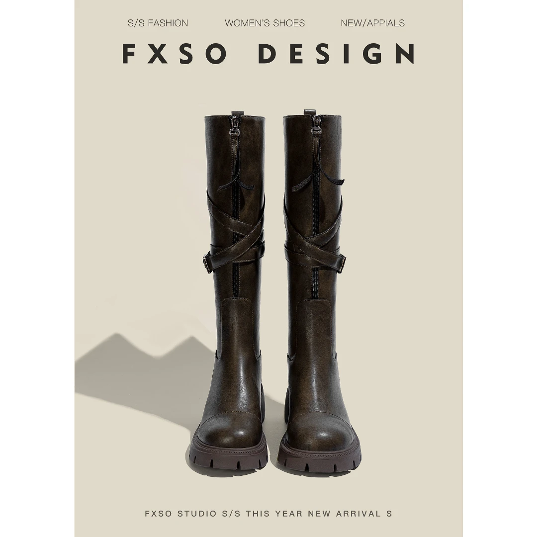 「FXSO方巷」2023秋季新款时尚百搭高筒厚底交叉扣带粗跟长筒靴女