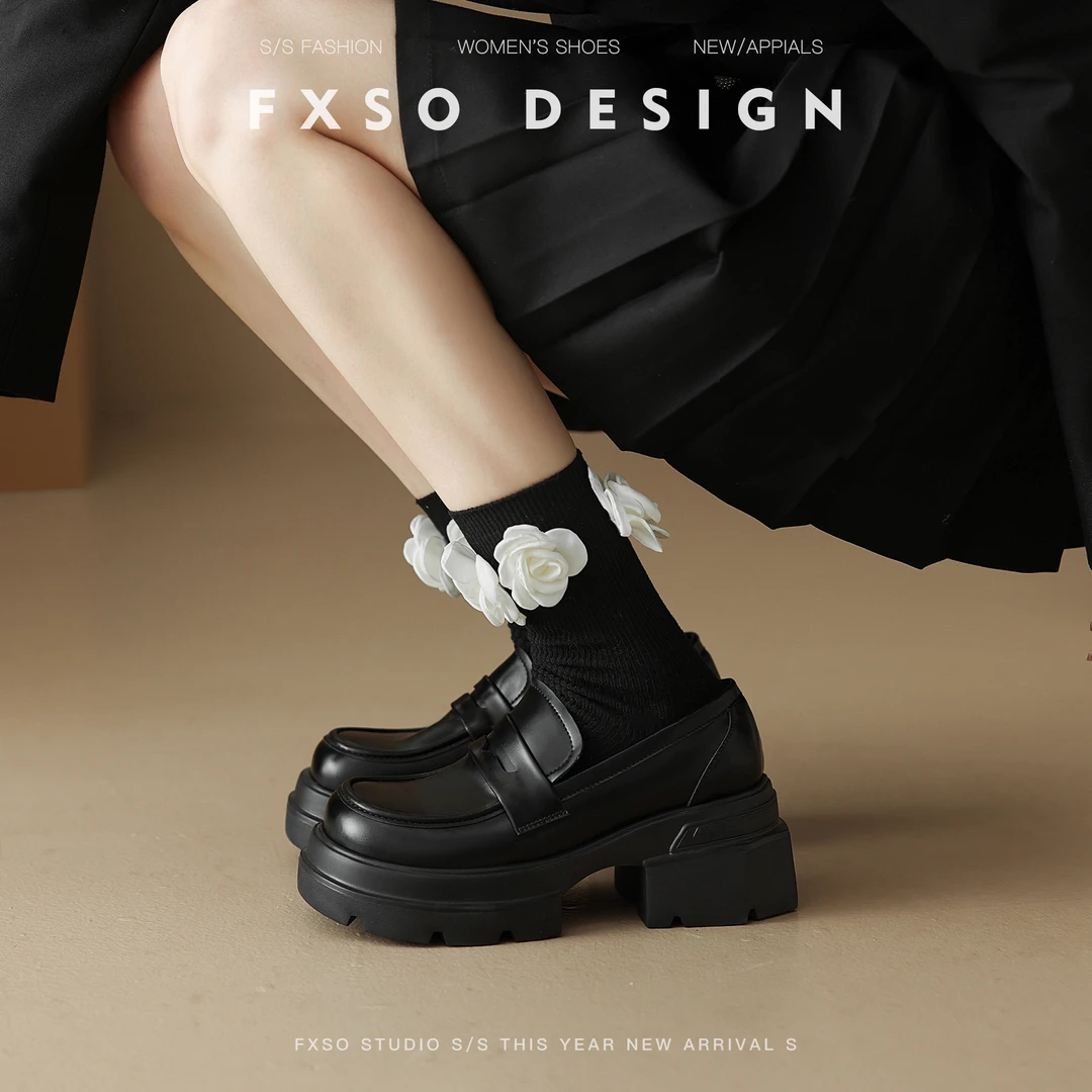 FXSO方巷2024年春季新款英伦风厚底显瘦乐福鞋一脚蹬粗跟小皮鞋女