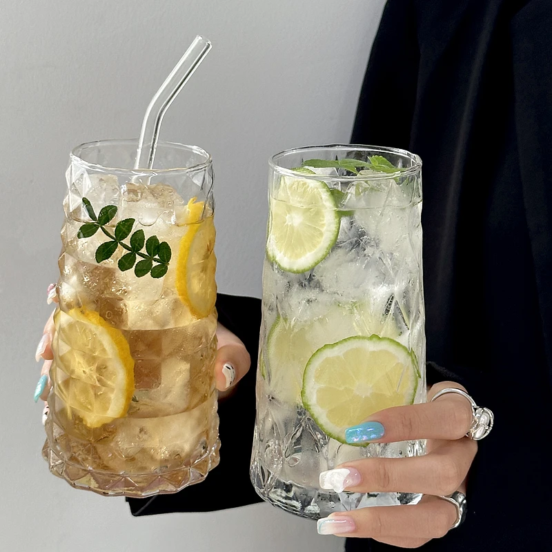 网红钻石水果茶杯玻璃水杯子冰美式咖啡杯创意饮料果汁杯气泡水杯