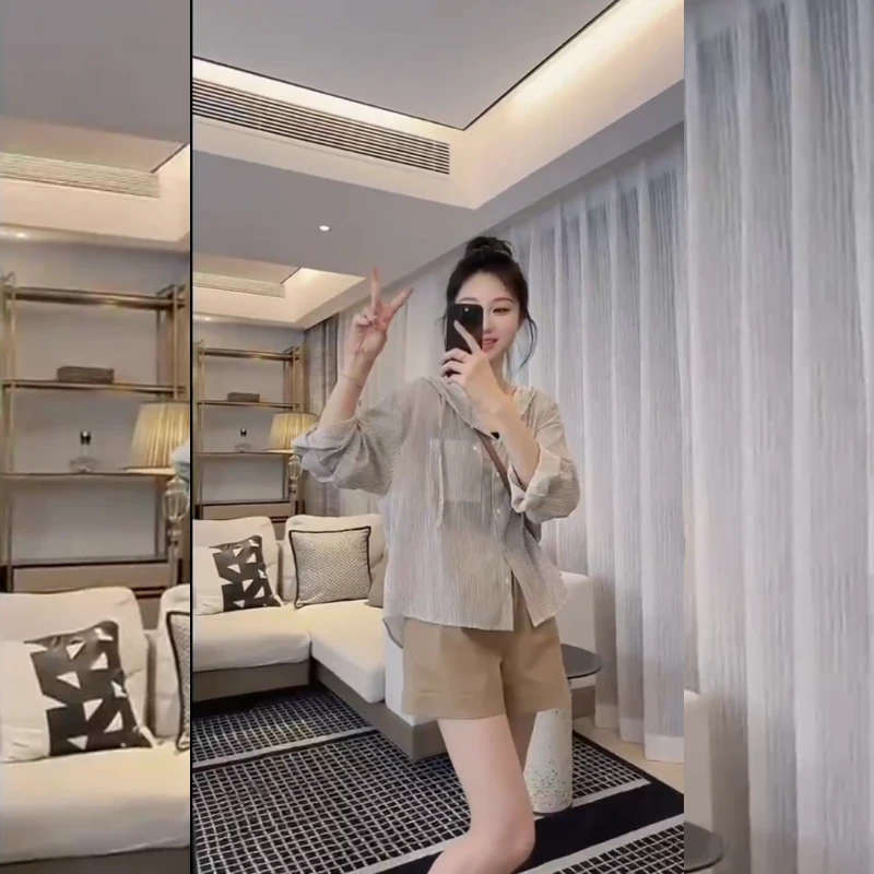 2024夏季新款气质夏日冰麻高品质夏季新款短袖条纹防晒衣衬衫休闲