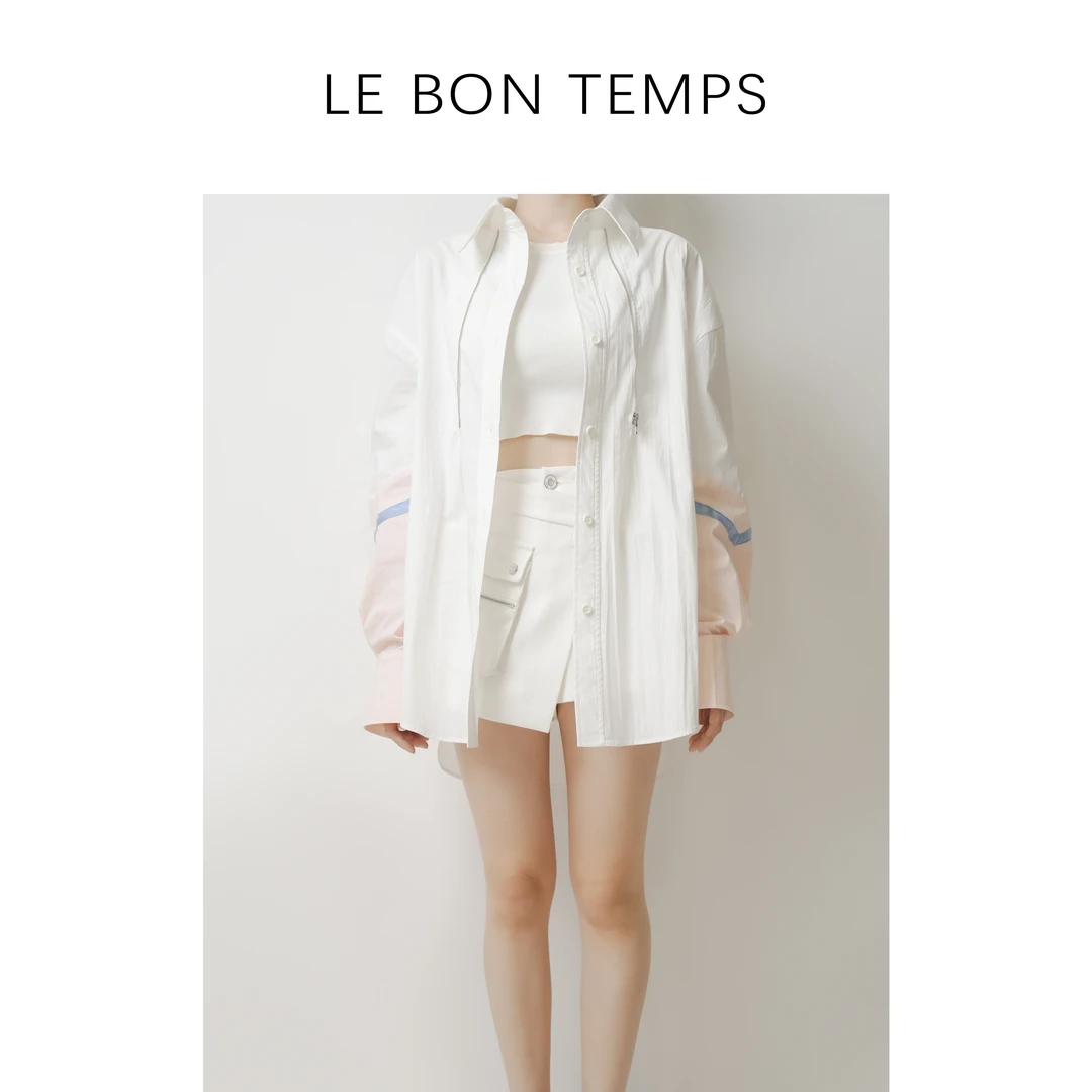【LBT&秋冬款】拼接撞色时尚小众白色衬衫宽松慵懒风外套c801010