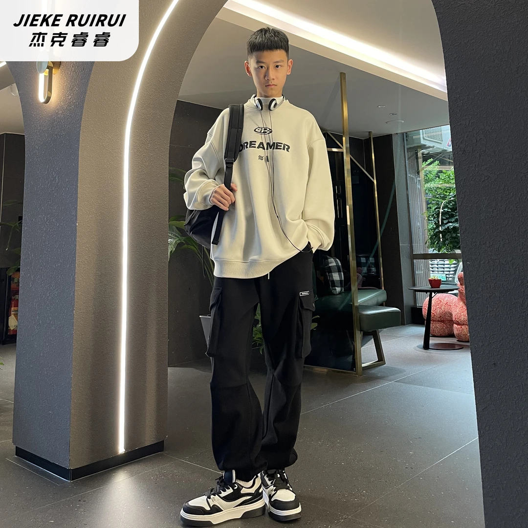 【现货-潮】潮牌冬学院风假两件加绒圆领卫衣大童休闲上衣杰克睿睿