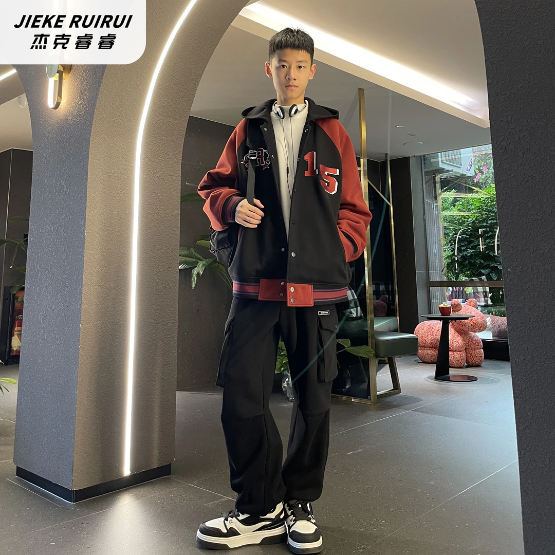 【现货-潮】冬季字母夹棉连帽棒球服外套大童美式夹克衫杰克睿睿