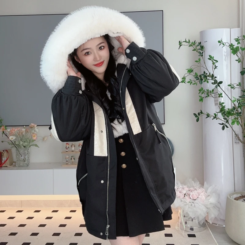 红人上新宽松粉色亮片拼接加绒加厚保暖连帽大毛领中长款派克服