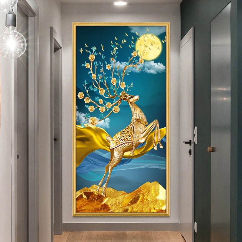 玄关装饰画轻奢抽象麋鹿客厅走廊免打孔靠山挂画竖版过道富贵壁画