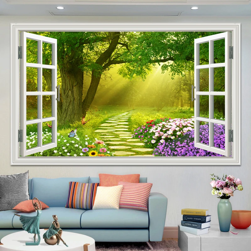假窗户中式风景画绿色森林植物花卉卧室客厅背景墙贴免打孔装饰画
