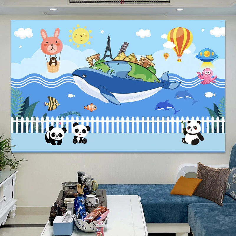 儿童画房间卧室床头画免打孔卡通动漫图案装饰彩虹城堡幼儿园贴画