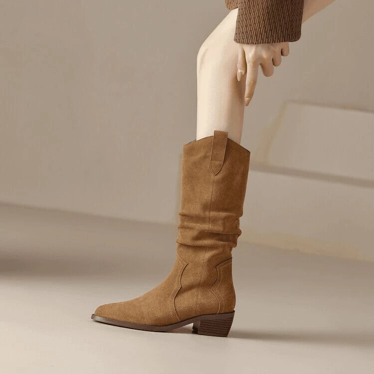 牛翻皮真皮口西部牛仔靴女尖头粗跟褶皱堆堆靴高筒长靴子秋冬绒里