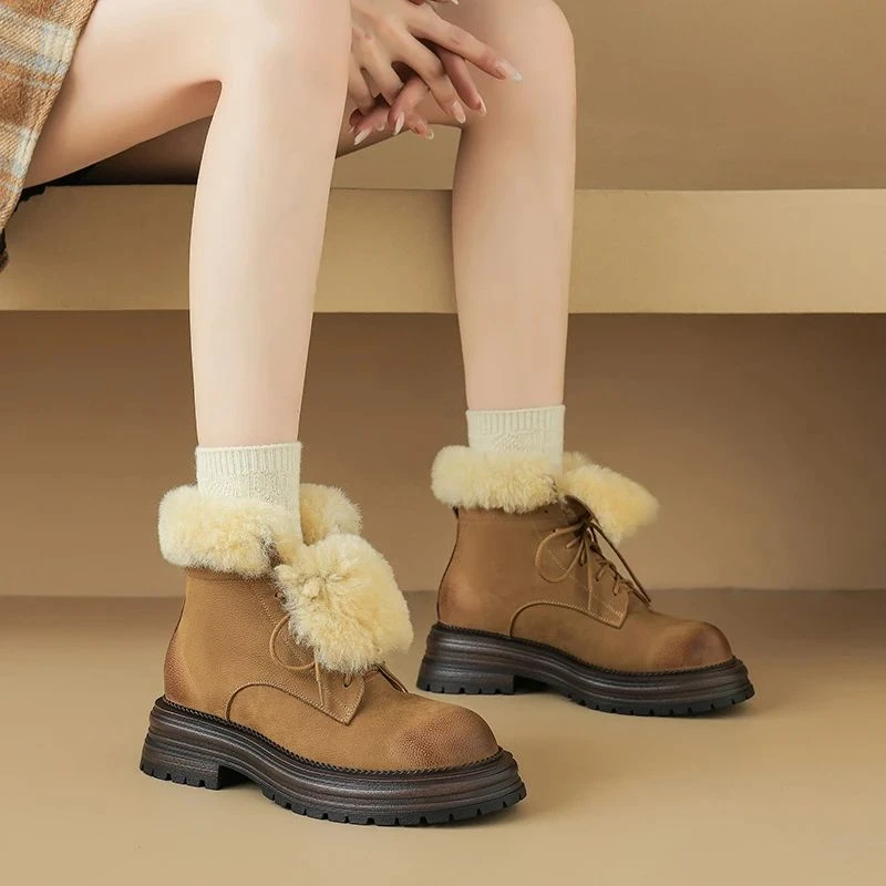羊皮毛一体雪地靴女真皮东北大棉鞋2024新款冬季加绒厚毛保暖短靴