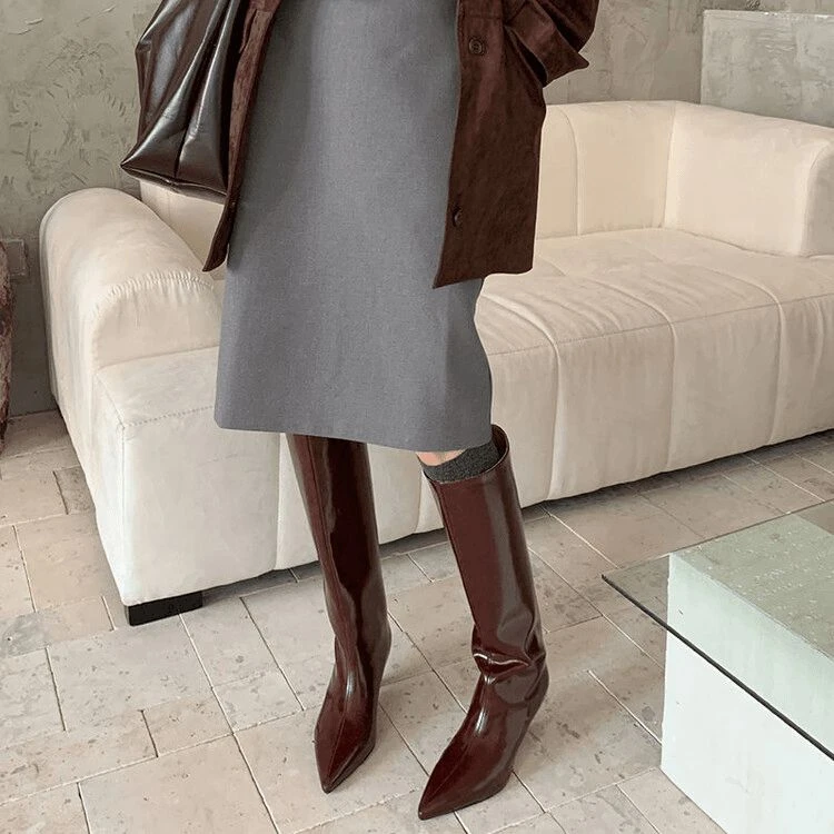 尖头细跟宽筒骑士靴长靴女高筒靴子低跟大筒围显瘦黑色法式长筒靴