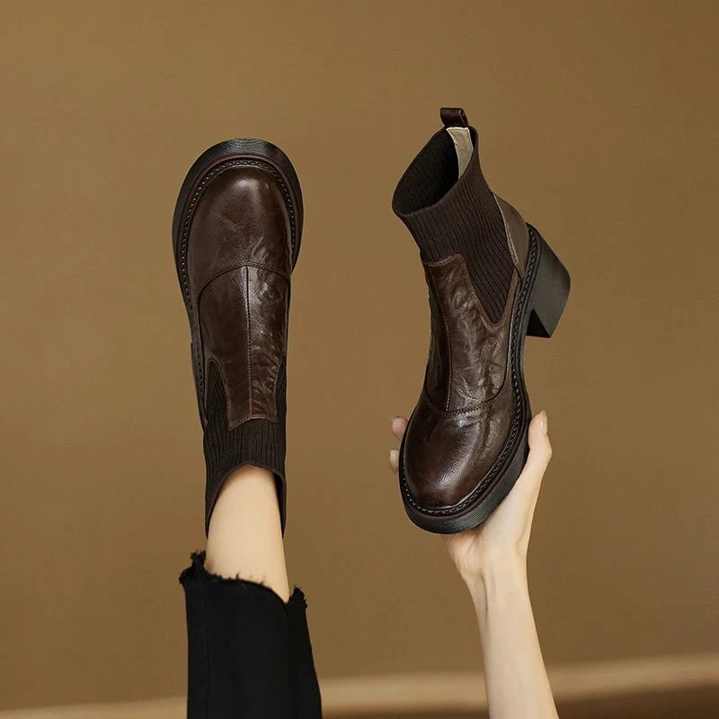 羊皮/6cm/百搭时尚真皮复古粗跟厚底圆头英伦秋冬弹力瘦瘦短靴女