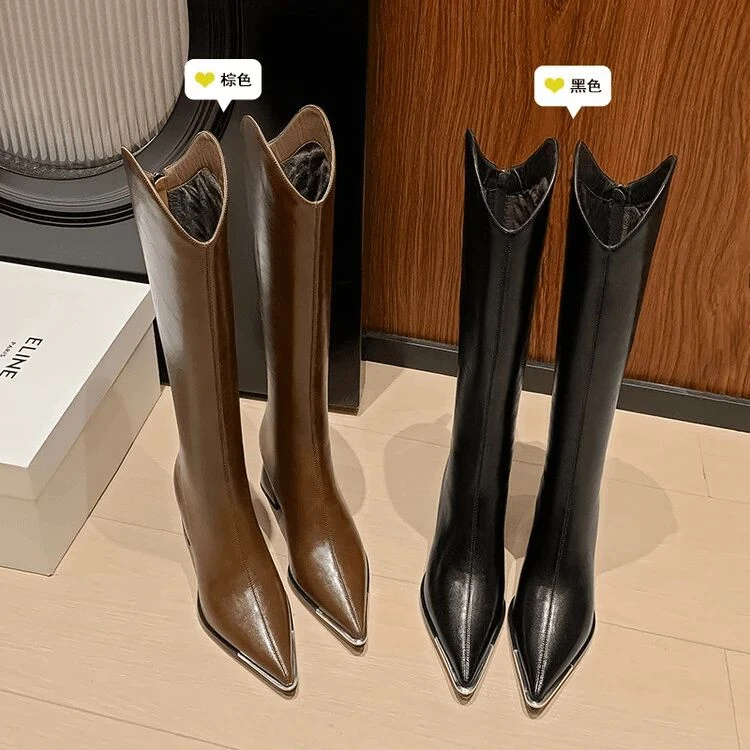6厘米高跟粗跟真皮靴子冬季时装靴不过膝高筒靴西部靴骑士靴显瘦