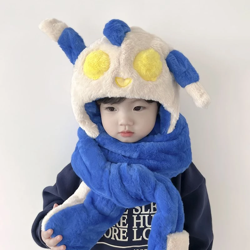儿童帽子围脖一体帽男女童毛绒帽冬季卡通耳朵会动宝宝宝宝套头帽