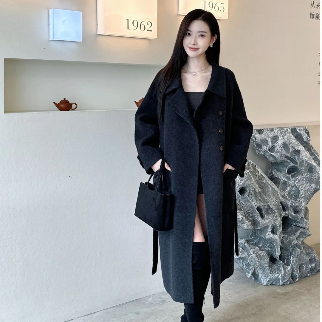 【女主角】白色高级感双面呢羊毛大衣休闲百搭女士宽松翻领秋冬479