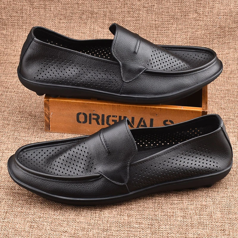 单层牛皮司机开车男鞋百搭真皮透气软底休闲皮鞋夏季一脚蹬洞洞鞋