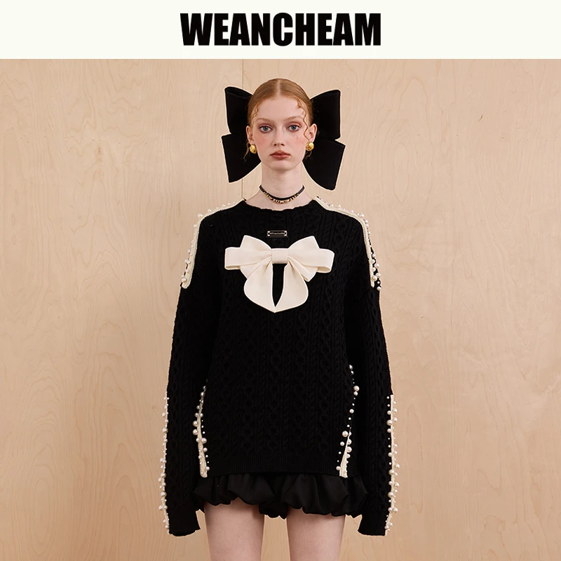 WEANCHEAM未未姆高智淡人月光美战蝴蝶结钉珠套头针织衫W14QDT032