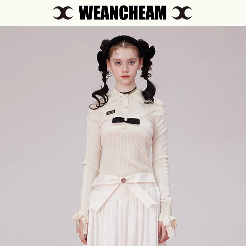 WEANCHEAM镂空领长袖针织秋冬白色复古打底上衣短款秋季百褶春季
