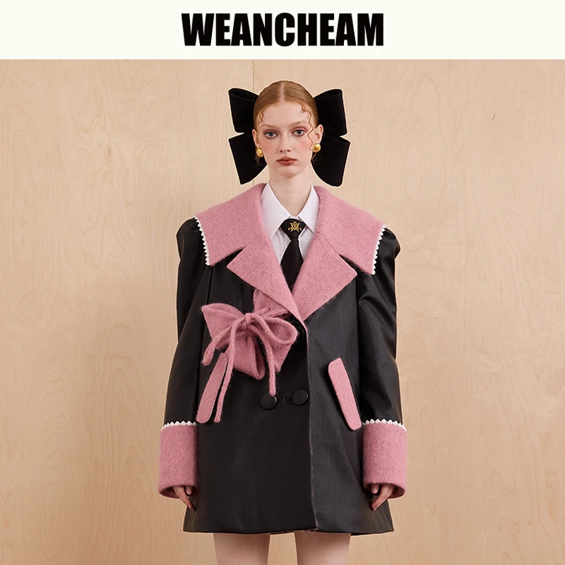 WEANCHEAM未未姆高智淡人山寅书院蝴蝶结盘扣格子外套W14QDT020