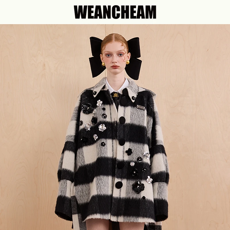 WEANCHEAM未未姆山寅书院秋冬穿搭钉钻连帽双面尼外套W14QDT007