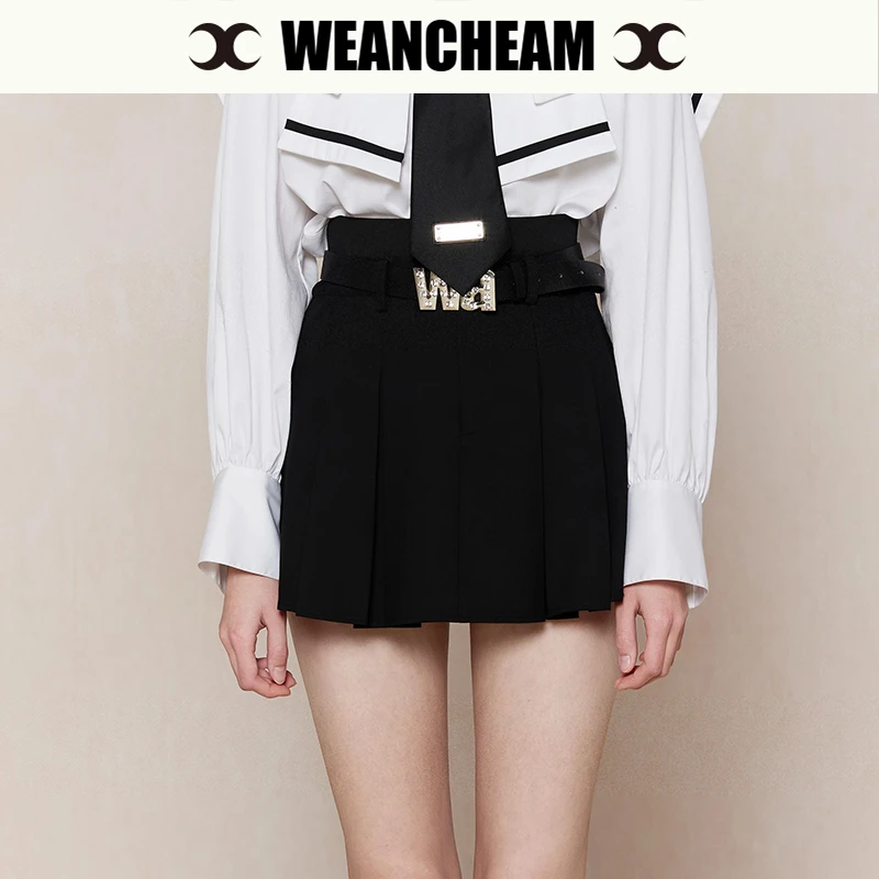 WEANCHEAM设计师时尚春夏学院风双腰百褶短裙女装短袖高腰显瘦