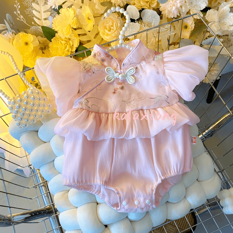 夏款上新宝宝衣服盘扣花鸟图短袖拼接包屁新中式国风哈衣