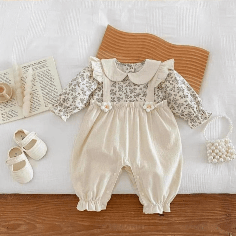 春秋款宝宝衣服奶茶色娃娃领假背带碎花女宝森系风哈衣爬服