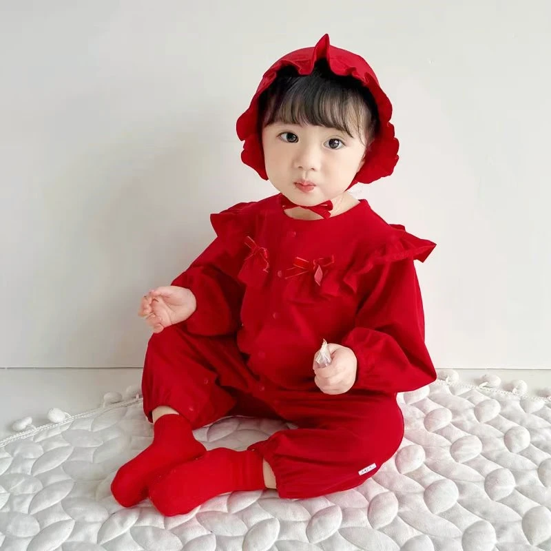 春秋款宝宝衣服新款蝴蝶结花边圆领小红帽女宝宝可爱洋气哈衣