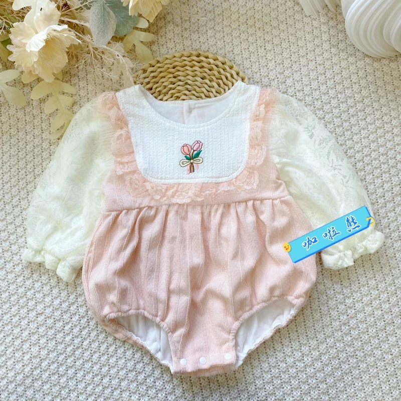 春秋款宝宝衣服新款蕾丝袖胸拼小花双层包屁女宝甜美可爱哈衣