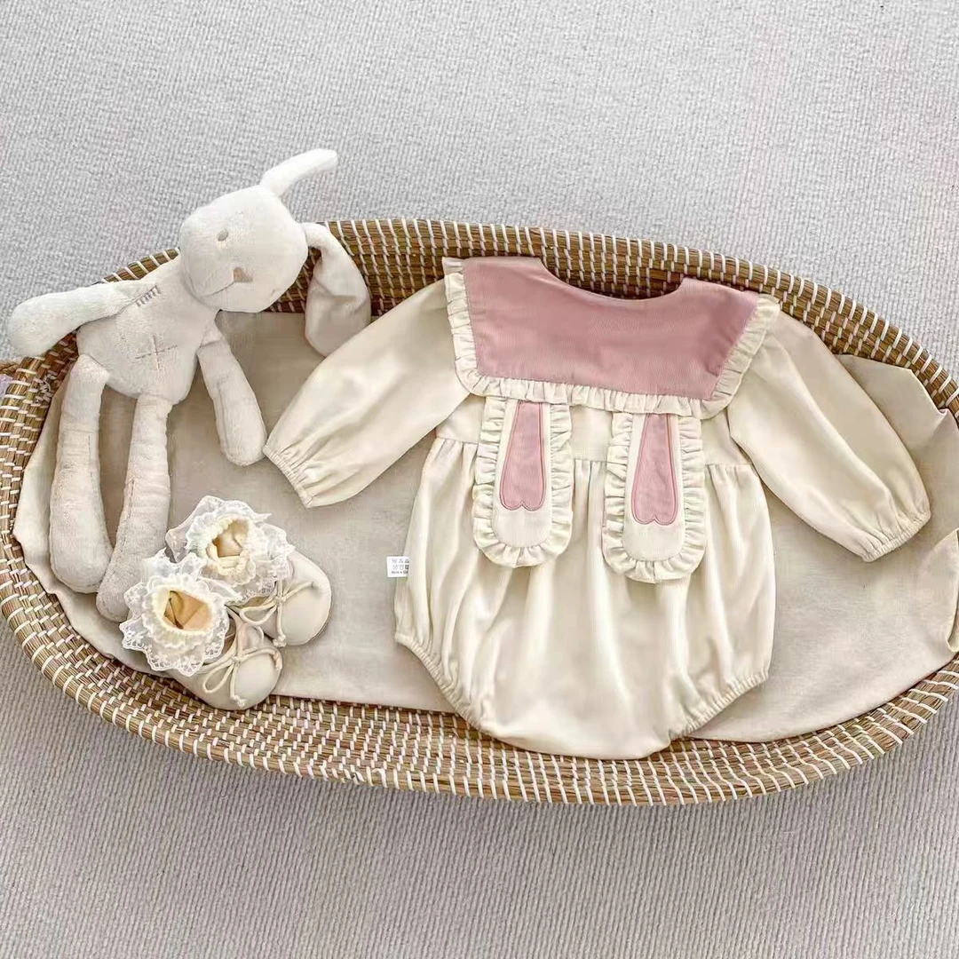 组合春秋款宝宝衣服新款兔耳朵粉领女宝宝甜美可爱长袖双层包屁衣