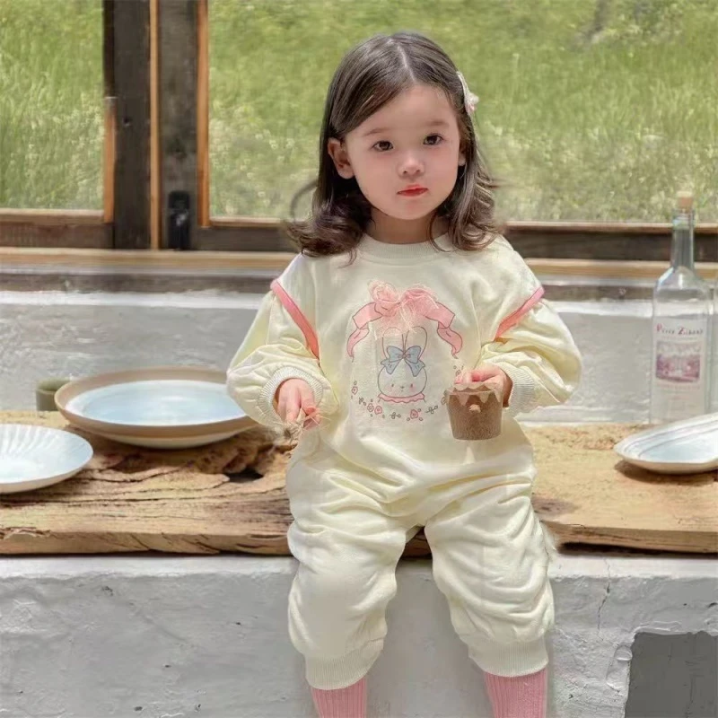 春秋款宝宝衣服新款花朵蝴蝶结小兔女宝宝韩版甜美双层哈衣