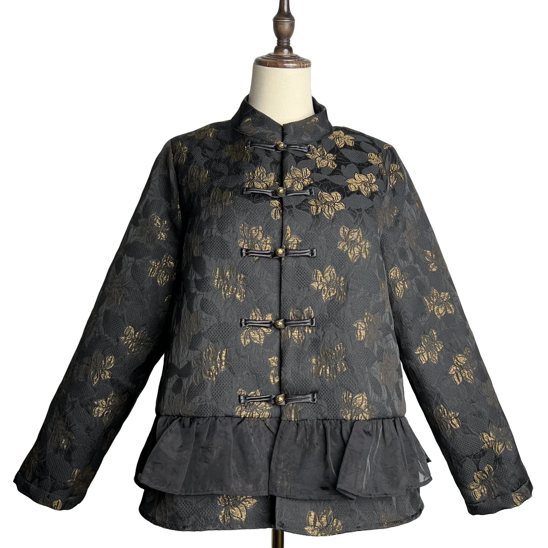 【红熹潮074黑色短棉服】秋冬时尚短款立领国风棉衣提花中国风