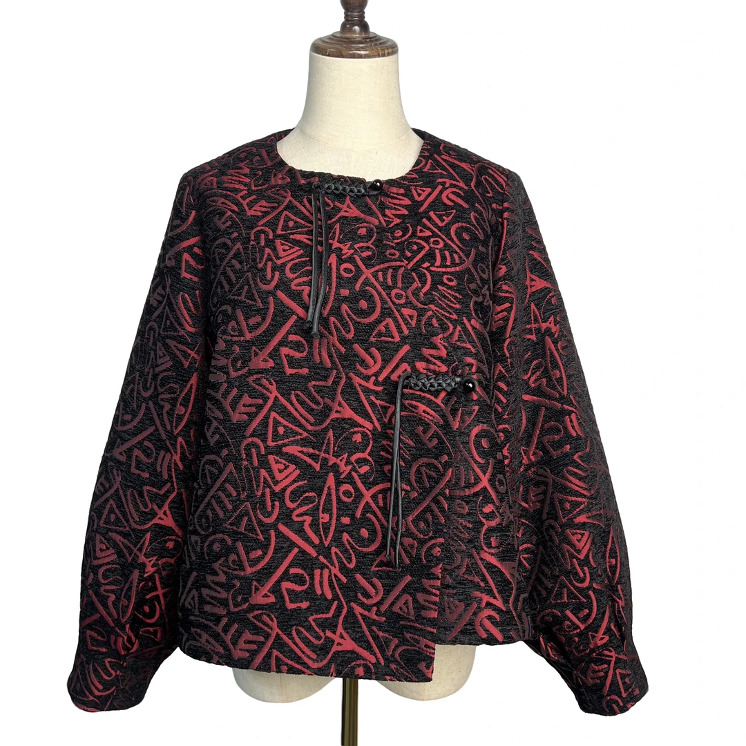 【红熹潮075红色厚外套】时尚休闲百搭双面提花圆领秋冬短款外套