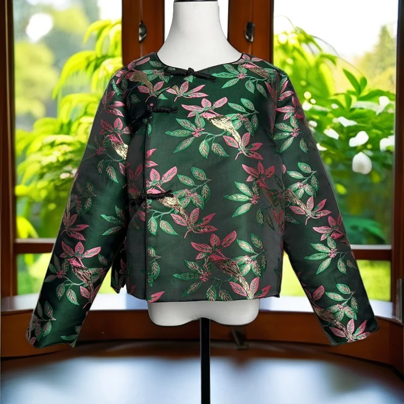 【红熹潮056绿叶】上衣长袖秋冬厚外套短款中国风中式女士洋气