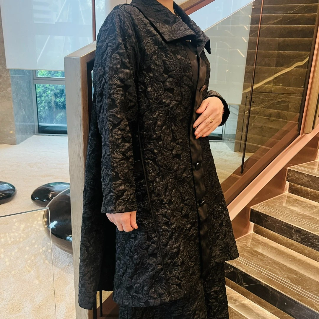 【红熹潮112黑色/酒红色】春秋时尚气质休闲百搭中长款宽松拼接风衣