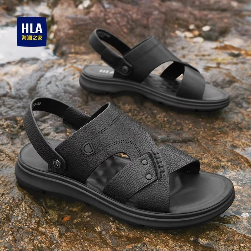 HLA/海澜之家男鞋2025夏季开车凉鞋外穿户外男士牛皮沙滩鞋男凉拖