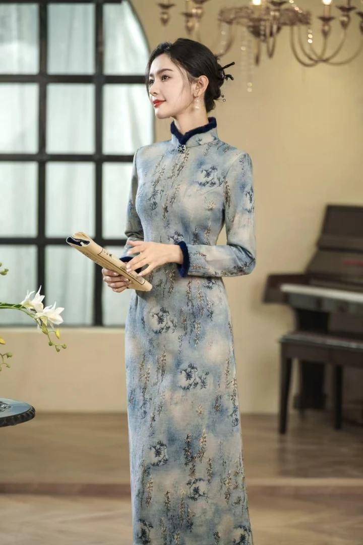 添香 冬款日常气质文艺国风复古优雅奥黛改良旗袍