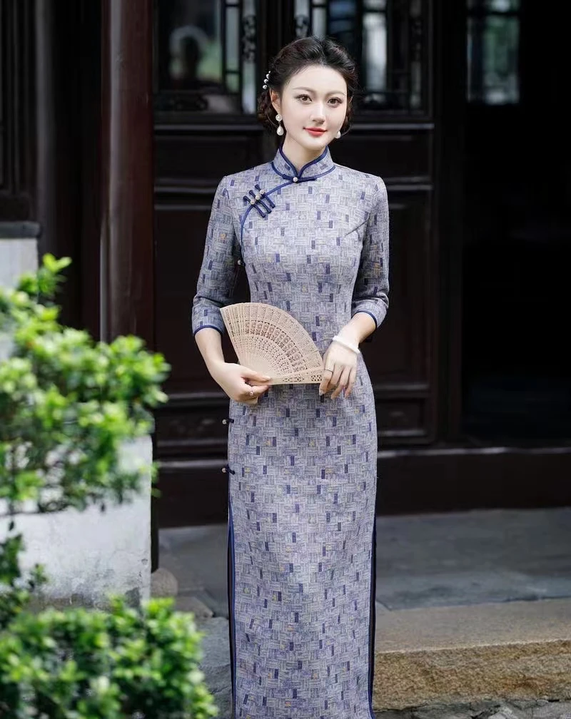 织文 日常国风复古日常显瘦气质优雅气质长款旗袍安诗歌