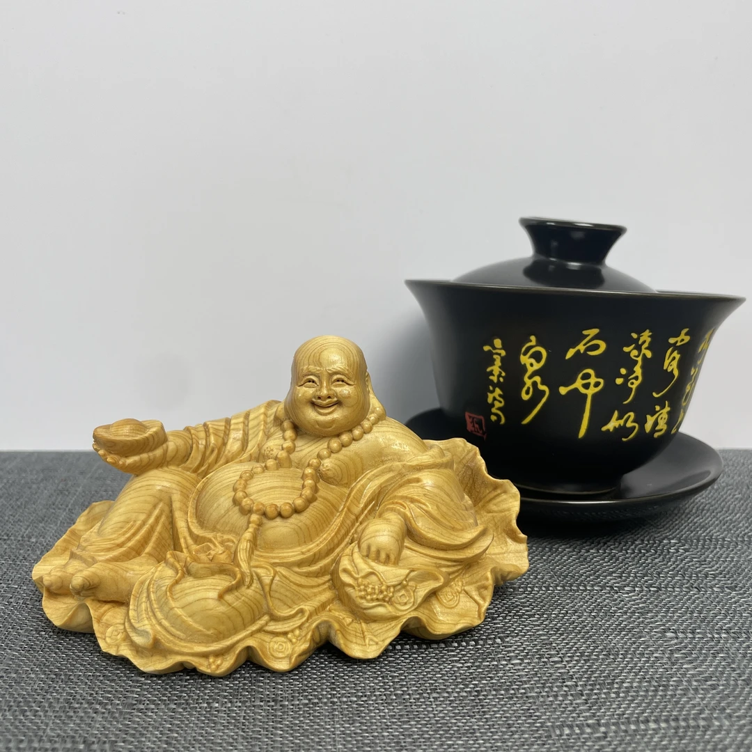 太行柏木荷叶弥勒木雕汽车茶桌摆件实木雕刻工艺品（小款）长10cm
